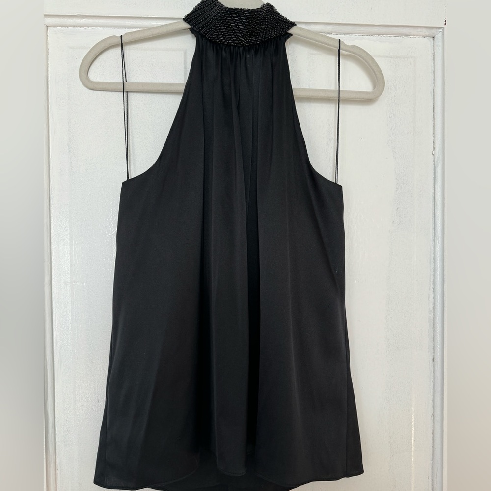 Amy Matto Black Halter Top, Beaded Neckline, Size XS